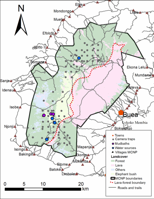 Figure 4. Map produce by Anya showing the areas of the park that have been cut off by the 1999 eruption as well as neighboring villages and landuse in Mt Cameroon